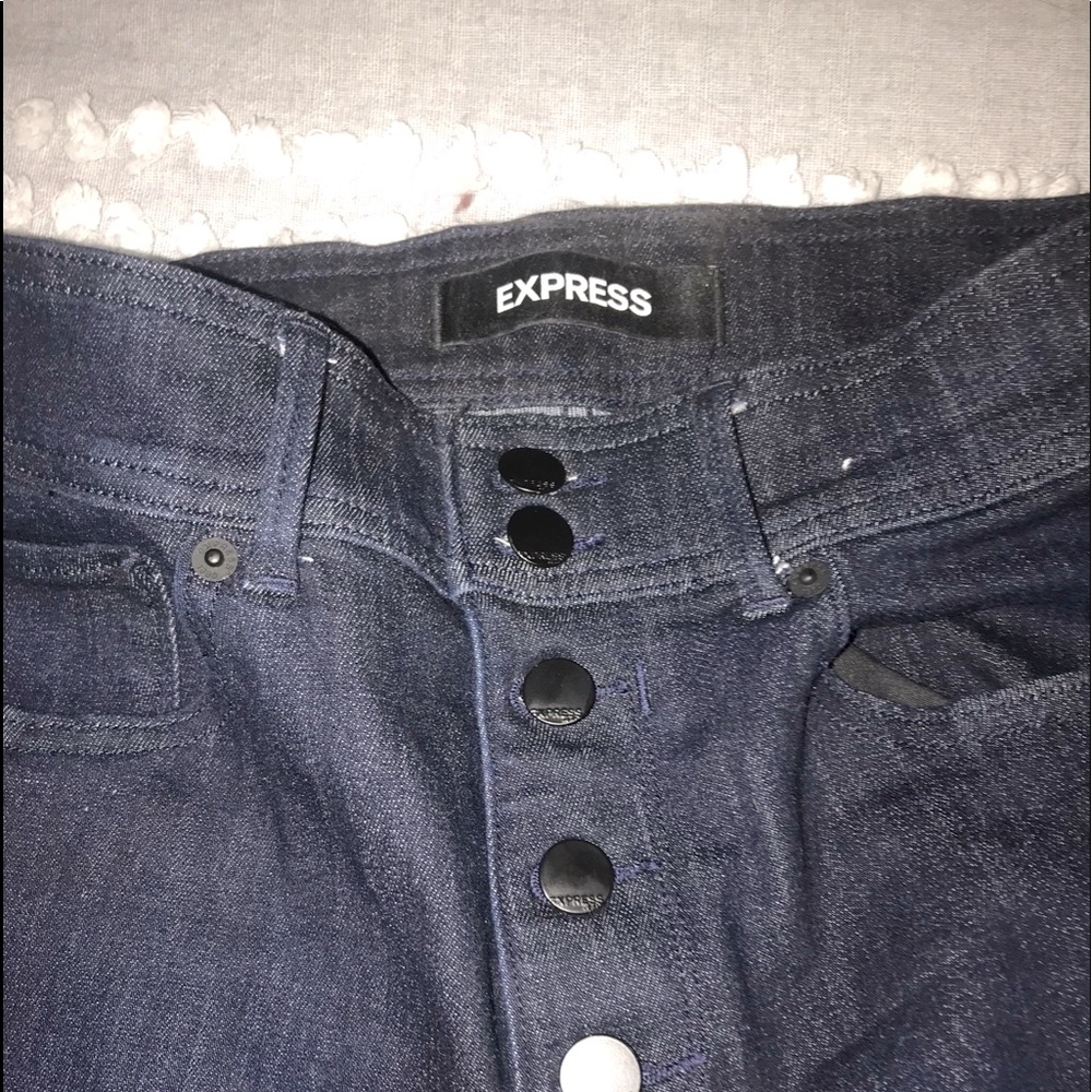 Express dark denim high rise flare jeans